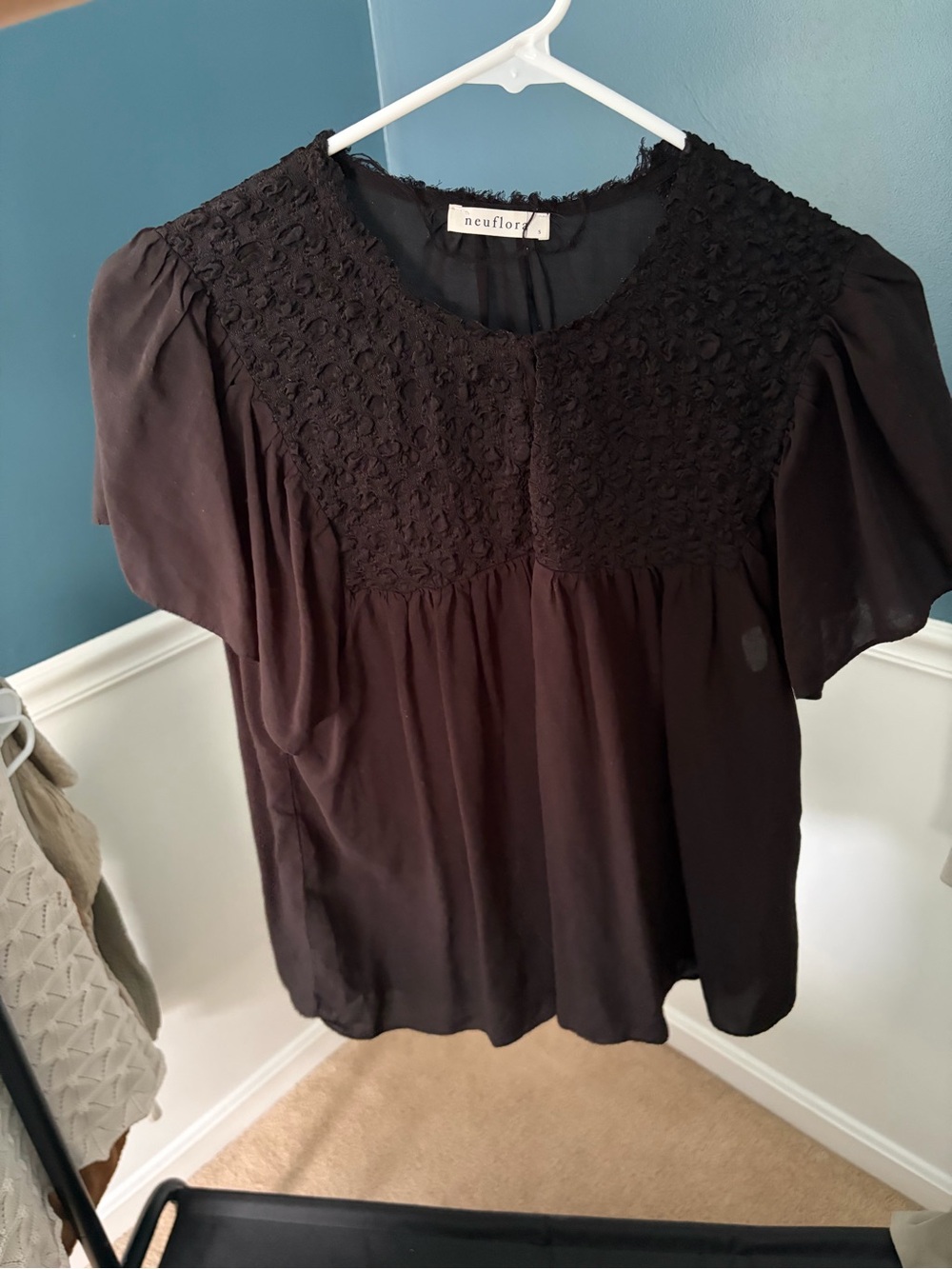 Neuflora Black Lace Yoke Flutter-Sleeve Blouse